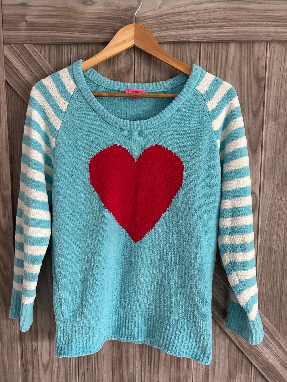 Betsey Johnson Aqua Blue Sweater with Red Heart & White Striped Sleeves